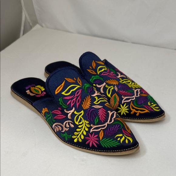 Kacem Babouch Shoes - Floral Embroidered Mules - Navy Multicolor